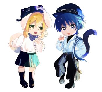 Rule 34 | 1boy, 1girl, animal ears, animal hat, aqua skirt, arm at side, belt, beret, black boots, black pants, black shirt, black socks, blonde hair, blue belt, blue hair, blue hat, blue shawl, blunt ends, boots, bright pupils, brown shoes, casual, cat boy, cat ears, cat hat, cat tail, chibi, chibi only, choppy bangs, collared shirt, contemporary, curled fingers, eyelashes, fang, feather hair ornament, feathers, full body, genshin impact, gold buckle, gold trim, grey eyes, hair ornament, hakama, hakama pants, hand in pocket, hand up, hat, highres, japanese clothes, knee up, kneehighs, lace-up boots, long sleeves, lumine (genshin impact), newsboy cap, official alternate costume, open mouth, pants, paw pose, pleated pants, pleated skirt, purple hat, purple scarf, rabbit ears, rabbit girl, rabbit tail, scaramouche (genshin impact), scarf, shawl, shirt, shoes, short hair, short hair with long locks, side slit, sidelocks, skin fang, skirt, socks, standing, tail, undershirt, wanderer (genshin impact), wanderer (impression) (genshin impact), whisper (suisuibingtang), white background, white feathers, white pupils, white shirt, white sleeves, yellow eyes, yellow feathers