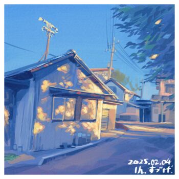blue_sky border building clear_sky commentary_request dated garage hose morning no_humans one-hour_drawing_challenge original outdoors power_lines road scenery sky suzuke town tree utility_pole white_border window