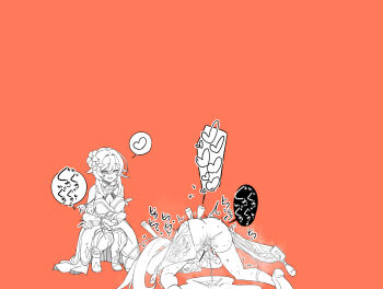 2girls artificial_vagina ass bare_shoulders blush boots breasts cleavage dildo dress female_ejaculation female_focus female_orgasm fingering flower from_behind full_body genshin_impact greyscale_with_colored_background hair_flower hair_intakes hair_ornament half-closed_eyes happy heart holding holding_sex_toy hu_tao_(genshin_impact) japanese_text knees_together_feet_apart long_hair long_sleeves looking_at_another lucifina_006 lumine_(genshin_impact) medium_breasts medium_hair multiple_girls no_panties open_mouth orange_background orgasm portal_(object) puddle pussy pussy_juice sex_toy shared_sense shoes simple_background sleeveless sleeveless_dress smile speech_bubble spoken_heart spread_legs squatting steam steaming_body sweat tassel thigh_boots thighhighs top-down_bottom-up translation_request trembling uncensored yuri