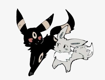 Rule 34 | alternate color, black fur, closed mouth, colored sclera, eevee, gen 1 pokemon, gen 2 pokemon, grey fur, looking at another, nintendo, pokemon, pokemon (creature), red sclera, shiny pokemon, simple background, smile, umbreon, white background, zugvogel 0525