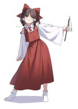 Rule 34 | 1girl, absurdres, ascot, blush, bow, brown eyes, brown hair, closed mouth, collared shirt, commentary request, detached sleeves, embodiment of scarlet devil, full body, gohei, hair bow, hair tubes, hakurei reimu, hand up, highres, holding, holding gohei, long skirt, long sleeves, medium hair, norichiizu, outstretched arm, red ascot, red bow, red shirt, red skirt, ribbon-trimmed sleeves, ribbon trim, shirt, simple background, skirt, skirt set, sleeveless, sleeveless shirt, smile, socks, solo, standing, touhou, twitter username, white background, white sleeves, white socks, wide sleeves