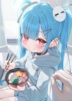 1girl :t artist_name black_collar black_nails black_ribbon blue_hair bowl carrot_slice chopsticks closed_mouth collar commentary_request ear_piercing earrings eating food food_on_face hair_ornament hair_ribbon hairclip highres holding holding_bowl holding_chopsticks hood hood_down hoodie jewelry kamaboko kanae_(tsukiman) long_hair long_sleeves looking_at_viewer mochi nail_polish original piercing pov pov_hands puffy_long_sleeves puffy_sleeves rabbit_hair_ornament red_eyes ribbon short_shorts shorts sitting solo_focus stud_earrings tsukiman twintails twitter_username very_long_hair white_hoodie white_shorts zouni_soup