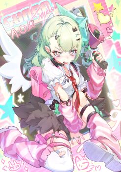 Rule 34 | 1girl, absurdres, aqua nails, arm warmers, bandaid, bandaid hair ornament, black skirt, blush, breasts, character name, chinatsu remiel, collar, collarbone, commentary request, earrings, english text, frilled sleeves, frills, fur-trimmed skirt, fur trim, green eyes, green hair, hair ornament, hand up, harry80779192, heart, heart hair ornament, highres, holding, holding megaphone, jewelry, knee up, leg warmers, looking at viewer, megaphone, multicolored nails, multiple hair clips, multiple thigh straps, musical note earrings, necktie, open mouth, pink arm warmers, pink bag, pink leg warmers, pink nails, red necktie, shirt, skirt, small breasts, solo, star (symbol), striped leg warmers, tears, thigh strap, white shirt, white wings, winged bag, wings, zenless zone zero