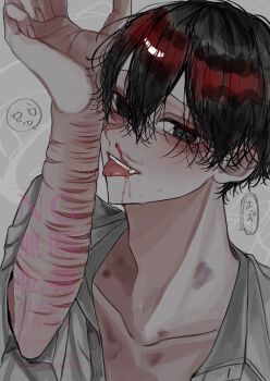 1boy @_@ aegyo_sal arm_up black_eyes black_hair blood boxcutter bruise bruise_on_neck censored collared_shirt double-parted_bangs flustered hair_between_eyes highres holding holding_boxcutter hosikage4040 injury looking_at_viewer male_focus nosebleed open_mouth original pointless_censoring saliva saliva_trail self-harm shirt short_hair solo tongue tongue_out upper_body white_shirt wrist_cutting