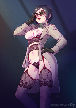 1girl ada_wong artist_name black_bra black_hair black_panties black_pantyhose bra breasts breasts_out coat commentary english_commentary grey_coat kajin_(kajinman) lingerie looking_at_viewer medium_breasts nipples open_clothes open_coat panties pantyhose patreon_username red_lips resident_evil resident_evil_2 short_hair solo sunglasses thighs underwear water_drop watermark web_address
