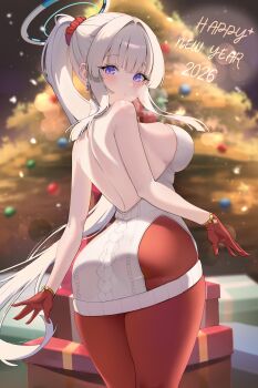 1girl absurdres blue_archive blurry blurry_background box christmas_tree commentary_request dress earrings from_behind gift gift_box gloves grey_hair hair_ornament hair_scrunchie halo highres jewelry lanhua227 long_hair looking_at_viewer mechanical_halo new_year noa_(blue_archive) pantyhose ponytail purple_eyes red_gloves red_pantyhose red_scrunchie scrunchie solo strapless strapless_dress white_dress white_halo
