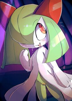 1girl blush colored_skin commentary english_commentary flying_sweatdrops gen_3_pokemon green_hair green_skin hair_over_one_eye highres horns kirlia lodetail loli multicolored_skin nintendo pink_eyes pokemon pokemon_(creature) pussy pussy_juice sidelocks sweat two-tone_skin white_skin