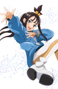 1girl :d black_hair blue_hoodie blurry blurry_foreground blush bracelet commentary_request cube_hair_ornament floating_hair grey_eyes hair_ornament happy highres hood hoodie jewelry leggings lida_(pokemon) long_hair long_sleeves nintendo open_mouth outstretched_arm pippie_an pokemon pokemon_legends:_z-a ribbed_socks shoes smile socks solo spread_fingers teeth topknot upper_teeth_only white_leggings white_shoes white_socks