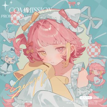 Rule 34 | 1girl, bao rong, blunt bangs, blush, bow, closed mouth, collarbone, commission, dot nose, frills, hair bow, hair ornament, heterochromia, highres, long sleeves, looking at viewer, mihuashi commission, multicolored hair, original, pink bow, pink eyes, pink hair, short hair, sidelocks, sleeves past fingers, sleeves past wrists, solo focus, square, streaked hair, tears, upper body, watermark, white bow, yellow bow, yellow eyes