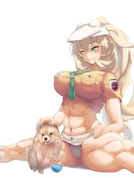 1girl abs absurdres barghest_(fate) barghest_(swimsuit_archer)_(first_ascension)_(fate) blonde_hair blush breasts dog fate/grand_order fate_(series) fingerless_gloves gloves green_eyes grey_hat grey_skirt hat high_ponytail highres large_breasts long_hair midriff miniskirt muscular muscular_female navel neckerchief pencil_skirt ponytail shirt short_sleeves sidelocks sitting skirt smile solo spread_legs thick_thighs thighs tied_shirt tutuuraura88 yellow_gloves yellow_shirt