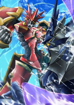 Rule 34 | armor, digimon, digimon (creature), digital hazard, dukemon chaos mode, dukemon crimson mode, energy weapon, full body, looking at another, uruu 0502