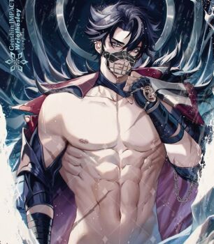1boy abs black_gloves black_hair black_jacket ero_pinku genshin_impact gloves grey_hair jacket male_focus mask mouth_mask multicolored_hair muscular muscular_male navel nipples open_clothes open_jacket scar scar_on_chest scar_on_stomach short_hair solo stomach streaked_hair wriothesley_(genshin_impact)