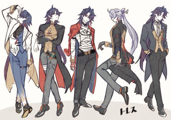 Rule 34 | 1boy, ahoge, airenho, bandages, belt, black hair, blade (dinner party) (honkai: star rail), blade (good me) (honkai: star rail), blade (honkai: star rail), blue hair, bow, bowtie, coattails, commentary request, crossed arms, formal clothes, full body, gloves, gradient hair, hair ornament, hair over one eye, hairpin, honkai: star rail, honkai (series), jacket, jewelry, long hair, male focus, mortenax blade (honkai: star rail), multicolored hair, necklace, official alternate costume, pants, red eyes, shoes, simple background, suit, tailcoat, tassel, very long hair, vest, waistcoat, white hair, yingxing (honkai: star rail)