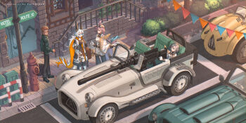 1boy 3girls ahoge animal_ears artist_name black_gloves blue_eyes brown_hair car closed_mouth commentary_request day elf fire_hydrant fox_ears fox_girl fox_tail gloves goggles goggles_on_head green_eyes grey_hair highres long_hair long_sleeves looking_at_another motor_vehicle multiple_girls nagi_itsuki open_mouth original outdoors parted_lips pink_hair pixiv_fantasia pixiv_fantasia_scepter_of_zeraldia pointy_ears railing red_eyes road_sign scenery short_hair sign sitting stairs sweatdrop tail thumbs_up tree white_gloves