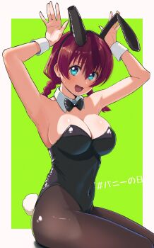 1girl absurdres animal_ear_hairband animal_ears arms_up black_bow black_bowtie black_leotard black_pantyhose blue_eyes border bow bowtie braid breasts bunny_day cleavage commentary covered_navel daikuro_(adddaik) detached_collar emma_verde fake_animal_ears fake_tail from_side green_background hairband hashtag highres leotard looking_at_viewer love_live! love_live!_nijigasaki_high_school_idol_club open_mouth outside_border pantyhose playboy_bunny rabbit_ear_hairband rabbit_ears rabbit_tail red_hair simple_background sitting solo tail twin_braids white_border