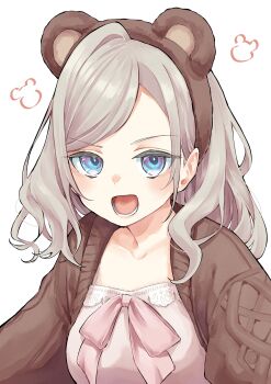 Rule 34 | 1girl, :d, absurdres, animal ear hairband, animal ears, bear ear hairband, bear ears, bow, breasts, brown cardigan, brown hairband, cardigan, ceras yanagida lilienfeld, ceras yanagida lilienfeld (winter loungewear), commentary, dress, dress bow, fake animal ears, grey hair, hairband, highres, link! like! love live!, long hair, looking at viewer, love live!, lower teeth only, medium breasts, mendo (mend0o0), open cardigan, open clothes, open mouth, pink bow, pink dress, simple background, smile, solo, teeth, upper body, v-shaped eyebrows, virtual youtuber, white background