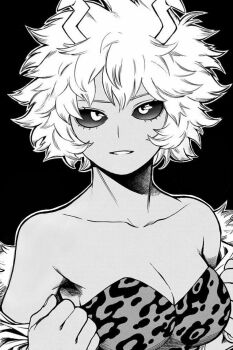 1girl ashido_mina bare_shoulders boku_no_hero_academia breasts cleaned cleavage collarbone female_focus fourth_wall highres horikoshi_kouhei horns large_breasts looking_at_viewer manga_illustration manga_page monochrome no_bra official_art open_mouth sexually_suggestive short_hair solo solo_focus superhero_costume textless_version undressing
