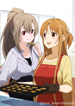 Rule 34 | 2girls, :d, absurdres, aco (bearchannel), apron, artist name, asuna (sao), baking, black dress, braid, breasts, brown eyes, brown hair, brown mittens, closed mouth, collarbone, commentary request, cookie, double-parted bangs, dress, eating, eydis (sao), food, hair between eyes, half up half down braid, hand up, hands up, highres, holding, holding baking sheet, holding cookie, holding food, indoors, long hair, long sidelocks, looking at another, medium breasts, mittens, multiple girls, open mouth, oven mitts, parted bangs, partially open shirt, ponytail, red apron, red eyes, shirt, shirt over dress, sidelocks, sleeves rolled up, smile, split mouth, straight hair, sword art online, sword art online: alicization, sword art online: unleashed blading, three-quarter sleeves, time paradox, twitter username, upper body, white shirt, yellow shirt