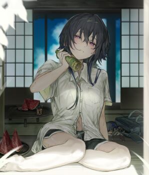 Rule 34 | 08 zerohati, 1girl, absurdres, architecture, bag, bare arms, bare legs, barefoot, black hair, black shorts, blue hair, bottle, bottle to cheek, breast pocket, breasts, chabudai, character doll, collared shirt, commentary request, crossed bangs, day, doll, dolphin shorts, drawstring, east asian architecture, food, fruit, glass, hair between eyes, highres, holding, holding bottle, hot, ichinose uruha, indoors, long hair, looking at viewer, lupinus virtual games, multicolored hair, navel, open door, parted lips, partially unbuttoned, pocket, purple eyes, school bag, shirt, short shorts, short sleeves, shorts, shouji, sitting, sliding doors, solo, sweat, table, tatami, tray, virtual youtuber, vspo!, watermelon, watermelon slice, white shirt, wolf cut, yokozuwari