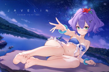 1girl absurdres azur_lane bare_shoulders barefoot bikini blue_bikini breasts character_name collarbone commentary_request cross_hair_ornament dutch_angle flower frilled_bikini frills hair_between_eyes hair_flower hair_ornament highres javelin_(azur_lane) javelin_(beach_picnic!)_(azur_lane) looking_at_viewer medium_hair navel negi_kome night night_sky official_alternate_costume on_rock outdoors outstretched_arm purple_hair red_flower sky small_breasts solo swimsuit water