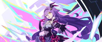 Rule 34 | 1girl, ;d, absurdres, asymmetrical gloves, breasts, clothing cutout, commentary request, dress, fingerless gloves, gloves, highres, honkai (series), honkai impact 3rd, long hair, looking at viewer, medium breasts, mismatched gloves, navel, navel cutout, one eye closed, open mouth, purple dress, purple gloves, purple hair, sirin, sirin (miracle magical girl), smile, solo, very long hair, yellow eyes, yunxiagong