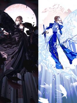 Rule 34 | 2girls, ahoge, aqua eyes, armor, armored boots, artoria pendragon (fate), beak, bird, bird wings, black boots, black bow, black cape, black choker, black dress, black sky, black sleeves, blonde hair, blue background, blue bow, blue dress, boots, bow, braid, braided bun, breastplate, breasts, cape, choker, closed mouth, collarbone, commentary request, crow, debg0423, detached sleeves, door, dress, dual persona, excalibur (fate/stay night), excalibur morgan (fate), fate/grand order, fate (series), faulds, feathered wings, feathers, floating cape, floating clothes, floating hair, flower, flying, full armor, full body, full moon, gauntlets, gradient background, hair between eyes, hair bow, hair bun, hand up, highres, holding, holding flower, holding sword, holding weapon, huge ahoge, juliet sleeves, long sleeves, looking at object, looking down, medium breasts, moon, multiple girls, night, outdoors, pigeon, puffy sleeves, red flower, saber (fate), saber alter, saber alter (final ascension), short hair, sidelocks, sky, sleeveless, sleeveless dress, stairs, standing, sword, two-tone dress, weapon, white armor, white background, white cape, white dress, wide sleeves, wings