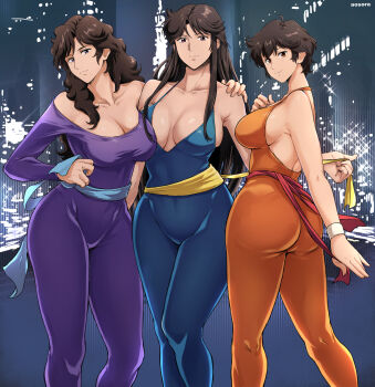 3girls aosora2823 artist_name ass blue_bodysuit bodysuit breasts brown_eyes brown_hair cat&#039;s_eye cleavage closed_mouth collarbone commentary_request commission highres kisugi_ai kisugi_hitomi kisugi_rui large_breasts long_hair looking_at_viewer multiple_girls orange_bodysuit pixiv_commission purple_bodysuit short_hair siblings sisters smile standing thick_thighs thighs