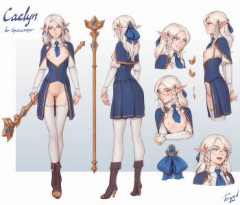 1girl blue_bow boots bow braid breasts capelet character_name reference_sheet cleft_of_venus commission flat_chest glasses high_heel_boots high_heels highres holding holding_staff lips long_hair multiple_views nipples open_mouth original personal_ami pointy_ears pussy revealing_clothes rimless_eyewear round_eyewear showgirl_skirt small_breasts smile staff thighhighs twin_braids uncensored white_hair white_thighhighs yellow_eyes