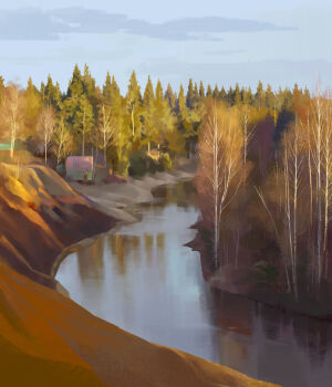 Rule 34 | bare tree, building, commentary, english commentary, evening, forest, gjb870216, highres, landscape, nature, original, outdoors, pine tree, reflection, reflective liquid, river, scenery, sky, tree, water