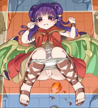 1girl bare_arms breasts defeat dragon_girl dragon_wings fire_emblem fire_emblem:_the_sacred_stones from_above hatoboshi highres loli long_hair lying myrrh_(fire_emblem) nintendo on_back panties panty_pull purple_eyes purple_hair pussy red_robe robe sandals small_breasts solo underwear white_panties wings