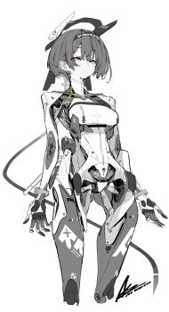 1girl absurdres afukuro android breasts cable engine expressionless grey_hair headgear highres joints mechabare orange_eyes original robot_joints short_hair shoujo_hatsudouki small_breasts solo