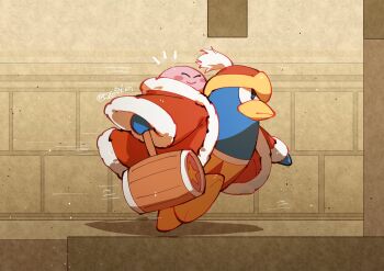 blue_eyes closed_eyes closed_mouth commentary hammer hanaon hat highres holding holding_hammer holding_weapon king_dedede kirby kirby_(series) kirby_64 long_sleeves nintendo no_humans red_hat red_robe riding robe star_(symbol) symbol-only_commentary twitter_username weapon