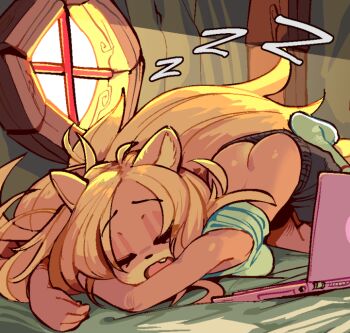 1girl ahoge animal_ears ass blonde_hair body_fur breasts butt_crack coco_bandicoot computer crash_bandicoot_(series) downpants closed_eyes fang furry furry_female indoors laptop long_hair medium_breasts messy_hair on_bed shorts sleeping socks solo tank_top wamudraws zzz