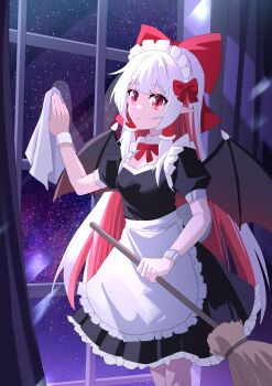 1girl absurdres alternate_costume alternate_hair_color apron bat_wings black_dress bow bowtie breasts broom chinese_commentary closed_mouth commentary_request dress enmaided fang fang_out grey_hair hair_bow hakurei_reimu highres holding holding_broom long_hair maid maid_headdress monsterification multicolored_hair puffy_short_sleeves puffy_sleeves red_bow red_bowtie red_eyes red_hair sdftehn short_sleeves slit_pupils solo touhou two-tone_hair vampire very_long_hair waist_apron white_apron wings wiping wrist_cuffs