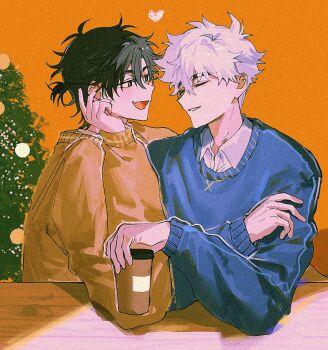 2boys :d alternate_costume antenna_hair black_eyes black_hair blue_sweater blush border brown_sweater cheng_xiaoshi christmas christmas_ornaments christmas_tree closed_eyes collared_shirt crossed_arms cup disposable_cup fang hair_between_eyes hand_on_own_cheek hand_on_own_face head_rest heart highres holding holding_cup justjust_monika long_sleeves looking_at_another lu_guang male_focus messy_hair multiple_boys open_mouth orange_background parted_lips ponytail shiguang_dailiren shirt short_hair short_ponytail simple_background sitting skin_fang smile sweater table upper_body white_hair white_shirt yaoi