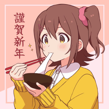 1girl bowl brown_eyes brown_hair chopsticks collared_shirt commentary_request eating food hair_ornament hair_scrunchie holding holding_bowl holding_chopsticks idolmaster idolmaster_million_live! kasuga_mirai long_sleeves looking_down mochi mochi_trail one_side_up pink_background portrait scrunchie shirt short_hair sleeves_past_wrists solo sparkle sweater translation_request trinitro_t zouni_soup