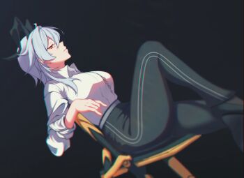 1girl black_background black_horns breasts chair curled_horns demon_horns grey_hair high_heels highres horns jarodsemilla large_breasts looking_at_viewer on_chair pants red_eyes shirt simple_background sitting wuthering_waves zani_(wuthering_waves)
