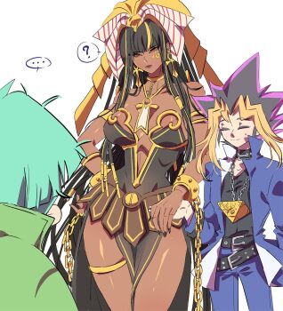 ... 1girl 2boys ? black_dress black_hair black_nails black_shirt blonde_hair blue_jacket breasts chain cleavage dark-skinned_female dark_skin dress duel_monster exodia_the_forbidden_one genderswap genderswap_(mtf) green_hair green_jacket highres insector_haga jacket long_hair medium_hair millennium_puzzle multicolored_hair multiple_boys muto_yugi nail_polish purple_eyes purple_hair shirt speech_bubble spiked_hair strapless strapless_dress surprised very_long_hair yu-gi-oh! yu-gi-oh!_duel_monsters zackpyo