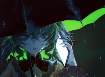 1girl black_umbrella buttons cellphone diamond_button frilled_shirt_collar frilled_sleeves frills green_eyes green_hair highres holding holding_phone holding_umbrella keikeikeicha komeiji_koishi phone rain shirt smartphone touhou umbrella wide_sleeves yellow_shirt