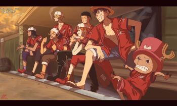 Rule 34 | antlers, bandana, blonde hair, blue shorts, boots, cigarette, clenched teeth, commentary, cross, hat, horns, jolly roger, letterboxed, long nose, looking ahead, monkey d. luffy, nami (one piece), nico robin, one piece, one piece: take aim! the pirate baseball king, only op2024, orange hair, pink hat, red shirt, reindeer antlers, roronoa zoro, sandals, sanji (one piece), shirt, short hair, shorts, smile, smoke, straw hat, straw hat pirates, straw hats jolly roger, sweatdrop, symbol-only commentary, teeth, tony tony chopper, usopp