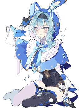 1girl adapted_costume animal_ear_hood black_boots black_gloves black_hairband blue_capelet blue_hair blue_necktie blush boots capelet eula_(genshin_impact) fake_animal_ears genshin_impact gloves hairband hand_up high-waist_shorts highres hood hooded_capelet karaage_ha_315 long_sleeves medium_hair necktie shorts simple_background sitting solo thigh_boots white_background white_sleeves wide_sleeves yellow_eyes yokozuwari