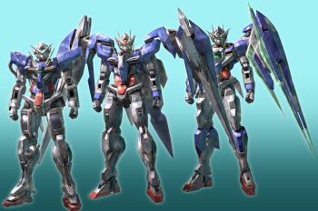 Rule 34 | 00 gundam, 00 qan[t], aqua background, arms at sides, clenched hands, full body, gn drive, green eyes, gundam, gundam 00, gundam 00 a wakening of the trailblazer, gundam exia, hashtag-only commentary, highres, mecha, mecha focus, mobile suit, morishita naochika, no humans, robot, science fiction, standing, v-fin