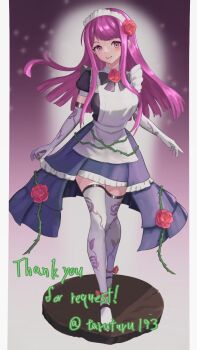 1girl alternate_costume apron black_dress blue_dress blush breasts closed_mouth commentary commission dress elbow_gloves fire_emblem fire_emblem_engage flower gloves gradient_clothes gradient_dress hair_flower hair_ornament highres ivy_(fire_emblem) large_breasts long_hair looking_at_viewer maid maid_apron maid_headdress medium_breasts mole mole_under_mouth nintendo nun_headdress plant purple_eyes purple_hair shoes short_sleeves smile solo tarutaru193 thighhighs thighs vgen_commission vines white_apron white_gloves white_thighhighs