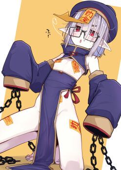 1girl barefoot colored_skin glasses groin highres jiangshi off_shoulder ogami_kazuki original pasties pointy_ears red_eyes sleeves_past_wrists solo spread_legs thighs white_skin