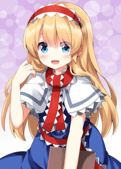 Rule 34 | 1girl, :d, alice margatroid, alternate hair length, alternate hairstyle, blonde hair, blue dress, blue eyes, blush, book, capelet, commentary request, cowboy shot, dress, hairband, hand up, highres, holding, holding book, long hair, looking at viewer, open mouth, purple background, red hairband, red ribbon, ribbon, ruu (tksymkw), smile, solo, touhou, white capelet