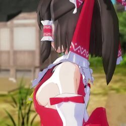 1girl 3d animated annoyed black_hair breasts brown_eyes frown grass hakurei_reimu hands_on_own_hips large_breasts looking_at_viewer mofumoko5 no_bra outdoors pov short_hair sideboob solo standing tagme touhou video