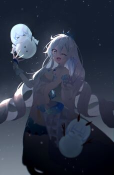 Rule 34 | 1girl, ;o, absurdres, bare shoulders, blue eyes, braid, breasts, cha noha, character snowman, commentary request, dress, highres, honkai (series), honkai impact 3rd, kiana kaslana, kiana kaslana (ba-dum! fiery wishing star), kiana kaslana (wintery wishes), looking at viewer, medium breasts, night, night sky, official alternate costume, one eye closed, raiden mei, raiden mei (herrscher of thunder), sky, solo, star (sky), starry sky, tiara, twin braids, white dress, white hair