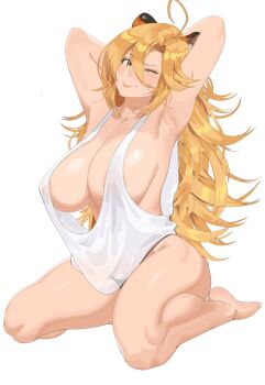 1girl ahoge animal_ears armpits arms_behind_head artist_request blinking blonde_hair breasts collarbone hair_between_eyes indie_virtual_youtuber large_breasts long_hair looking_at_viewer mole mole_under_eye nipples oversized_clothes pants simple_background solo tala_tora tiger_ears virtual_youtuber yellow_eyes