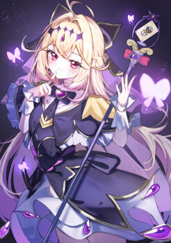 Rule 34 | 1girl, absurdres, ahoge, black background, black bow, black capelet, black dress, blonde hair, blush, bow, brooch, bug, butterfly, capelet, closed mouth, commentary request, cowboy shot, cure arcana shadow, diamond hairband, dot nose, dress, earrings, finger to mouth, fingernails, gem, haidollo, hair bow, hair intakes, heart, heart brooch, highres, insect, jewelry, layered dress, legs together, long hair, looking at viewer, magical girl, meitantei precure!, moria luluka, precure, purple butterfly, purple eyes, purple gem, purple nails, purple veil, smile, solo, standing, tear arcana rod, veil, white wrist cuffs, wrist cuffs