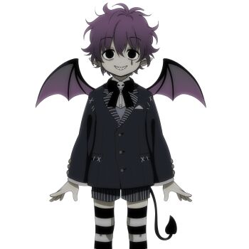 1boy bk_(barakoodra) black_eyes black_shorts bow demon_wings goth_fashion grin highres jacket male_focus messy_hair original pointy_ears purple_hair sharp_teeth shirt short_hair shorts smile solo standing stitches tail teeth thighhighs white_background white_shirt wings
